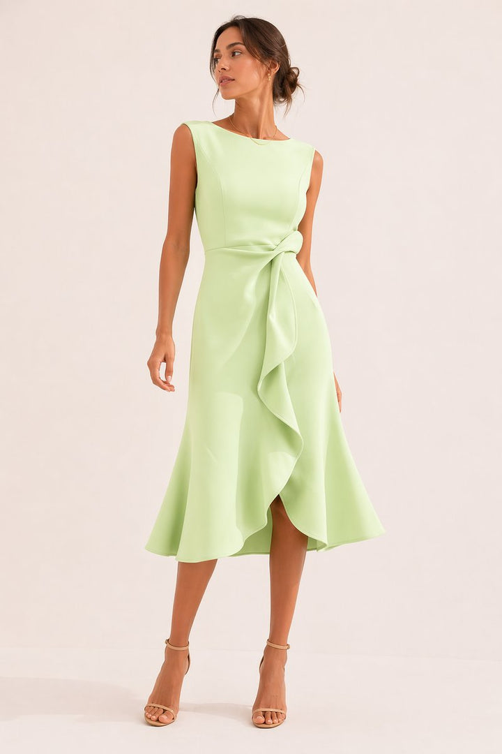 Women's Sleeveless Boat-Neck Everyday Day Dress Asymmetric Ruffle Midi