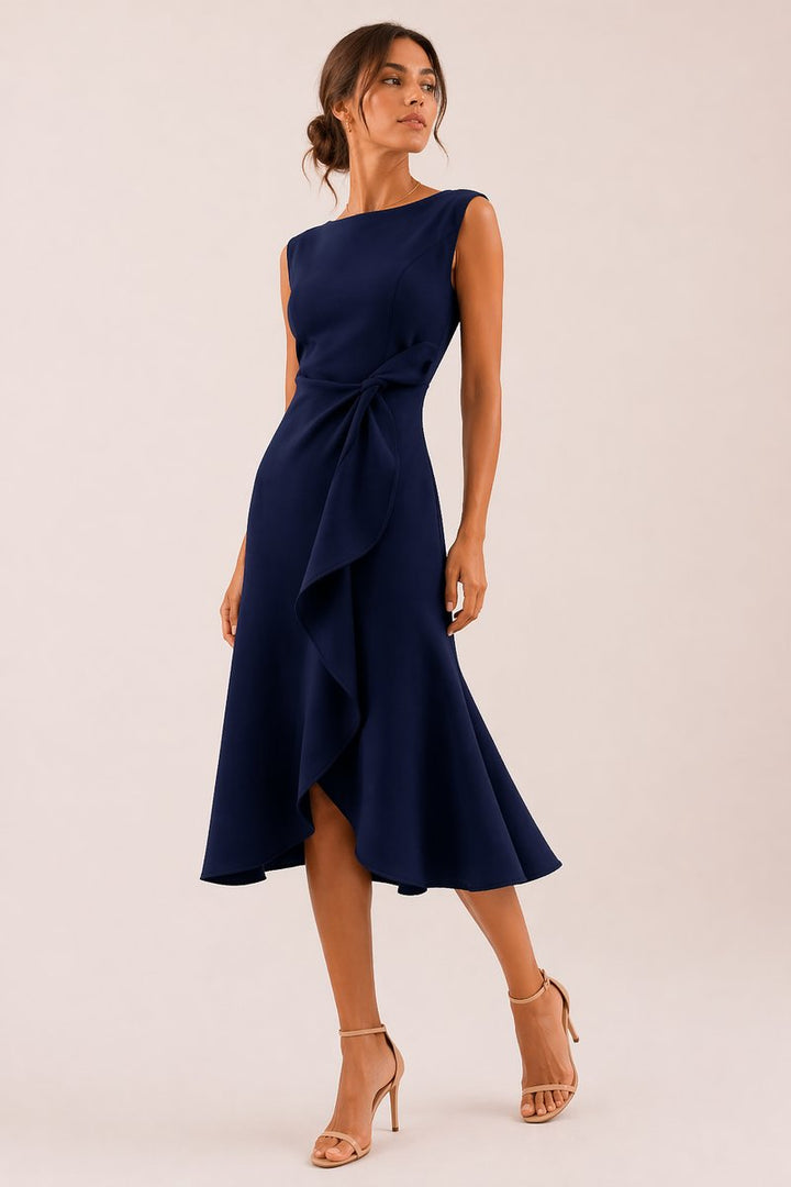 Women's Sleeveless Boat-Neck Everyday Day Dress Asymmetric Ruffle Midi