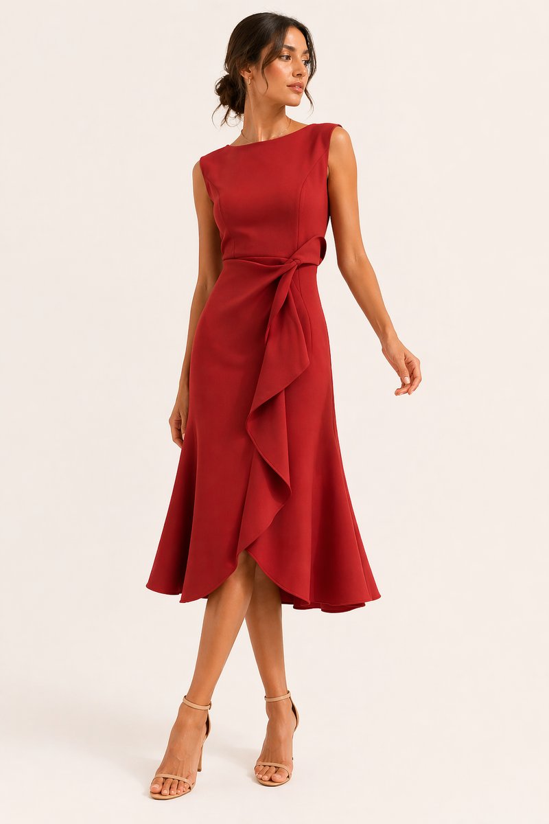 Women's Sleeveless Boat-Neck Everyday Day Dress Asymmetric Ruffle Midi