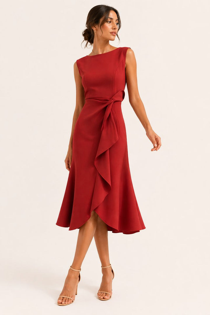 Women's Sleeveless Boat-Neck Everyday Day Dress Asymmetric Ruffle Midi
