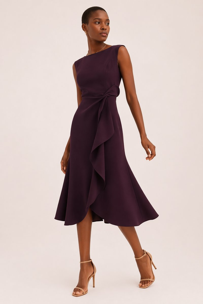 Women's Sleeveless Boat-Neck Everyday Day Dress Asymmetric Ruffle Midi