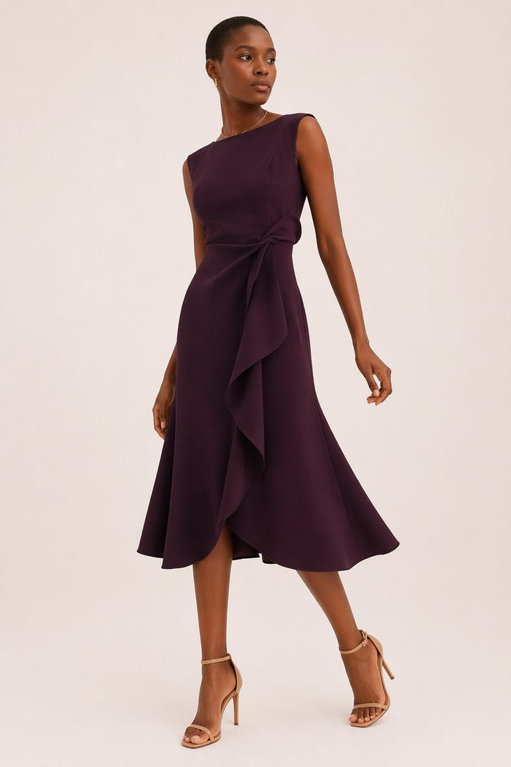 Women's Sleeveless Boat-Neck Everyday Day Dress Asymmetric Ruffle Midi