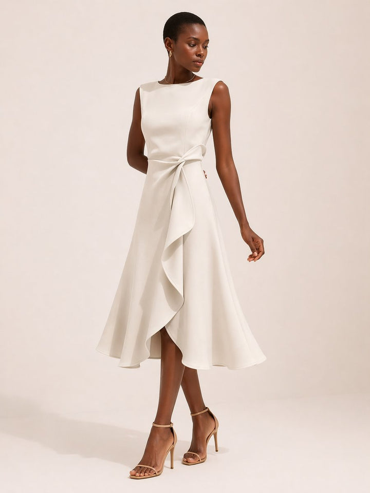 Women's Sleeveless Boat-Neck Everyday Day Dress Asymmetric Ruffle Midi