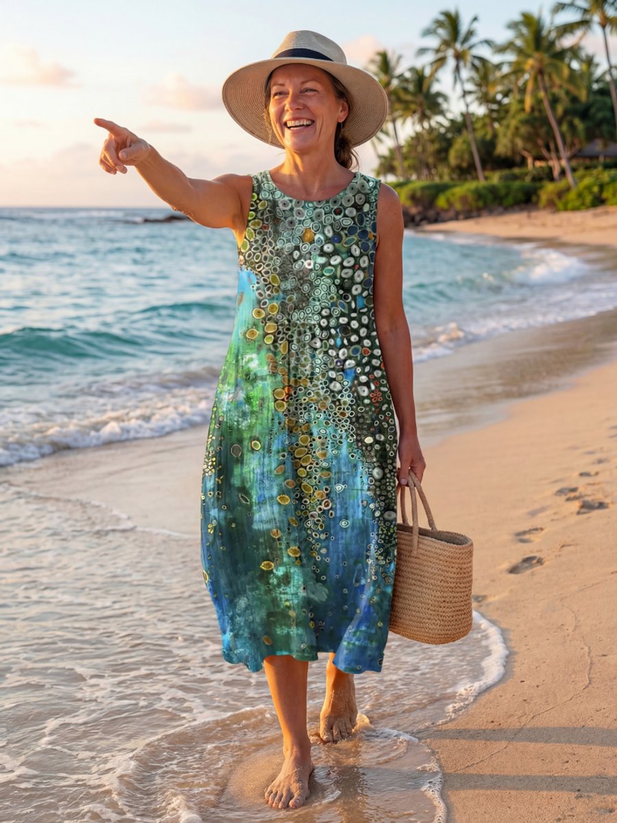 Women's Sleeveless Everyday Day Dress Ocean Mosaic Midi