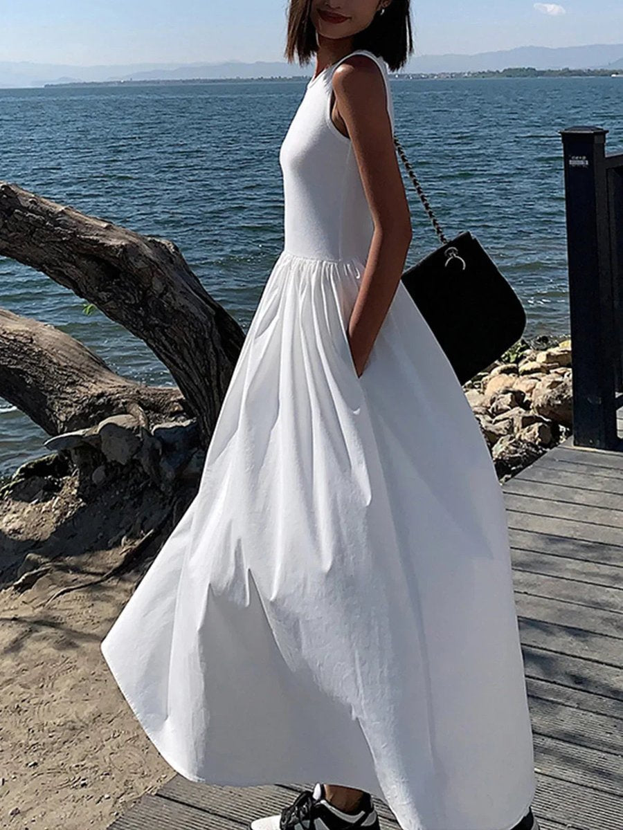 Women's Sleeveless Gathered Midi Knitted Dress Everyday Day Dresses