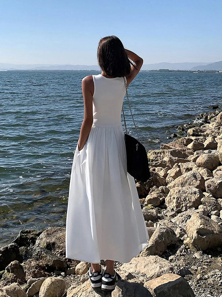 Women's Sleeveless Gathered Midi Knitted Dress Everyday Day Dresses