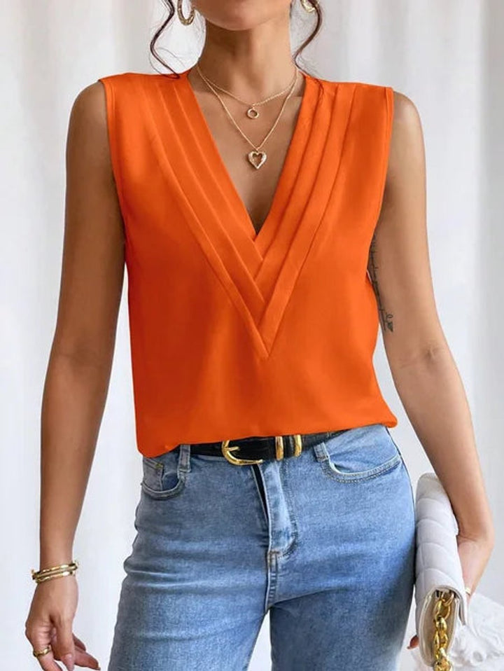 Women's Sleeveless Pleated V-Neck Summer Blouse Relaxed Fit