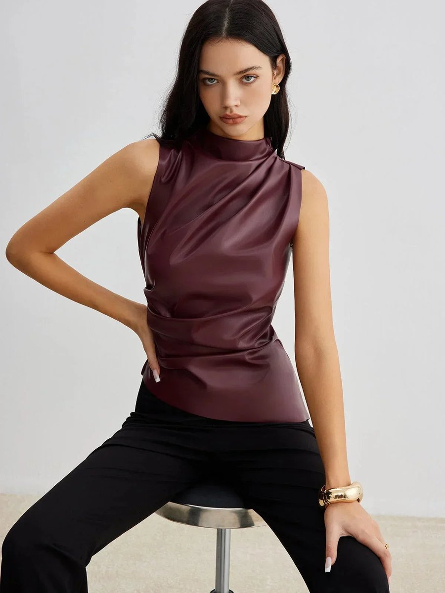 Women's Sleeveless Roll-Neck Gathered Satin Blouse Top