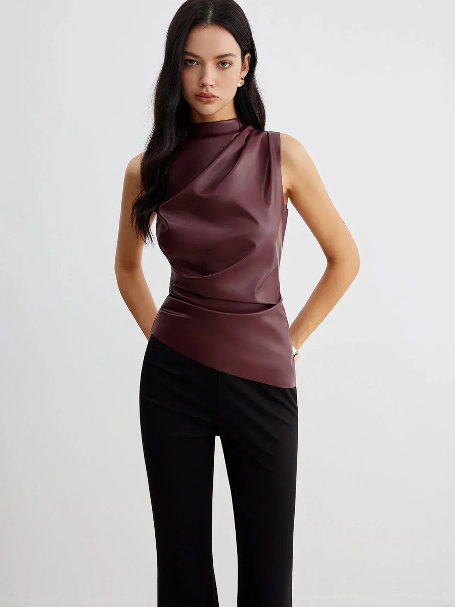 Women's Sleeveless Roll-Neck Gathered Satin Blouse Top