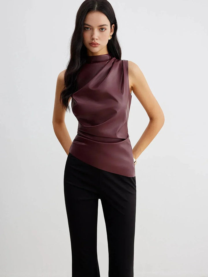 Women's Sleeveless Roll-Neck Gathered Satin Blouse Top