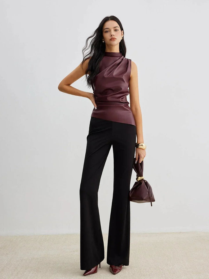 Women's Sleeveless Roll-Neck Gathered Satin Blouse Top
