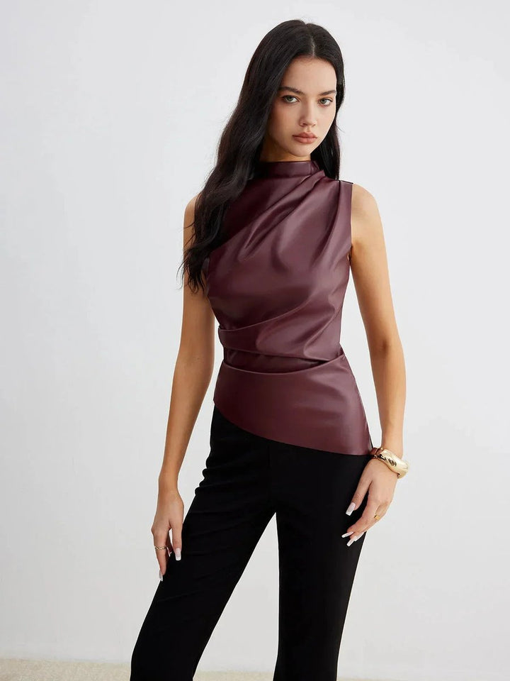 Women's Sleeveless Roll-Neck Gathered Satin Blouse Top