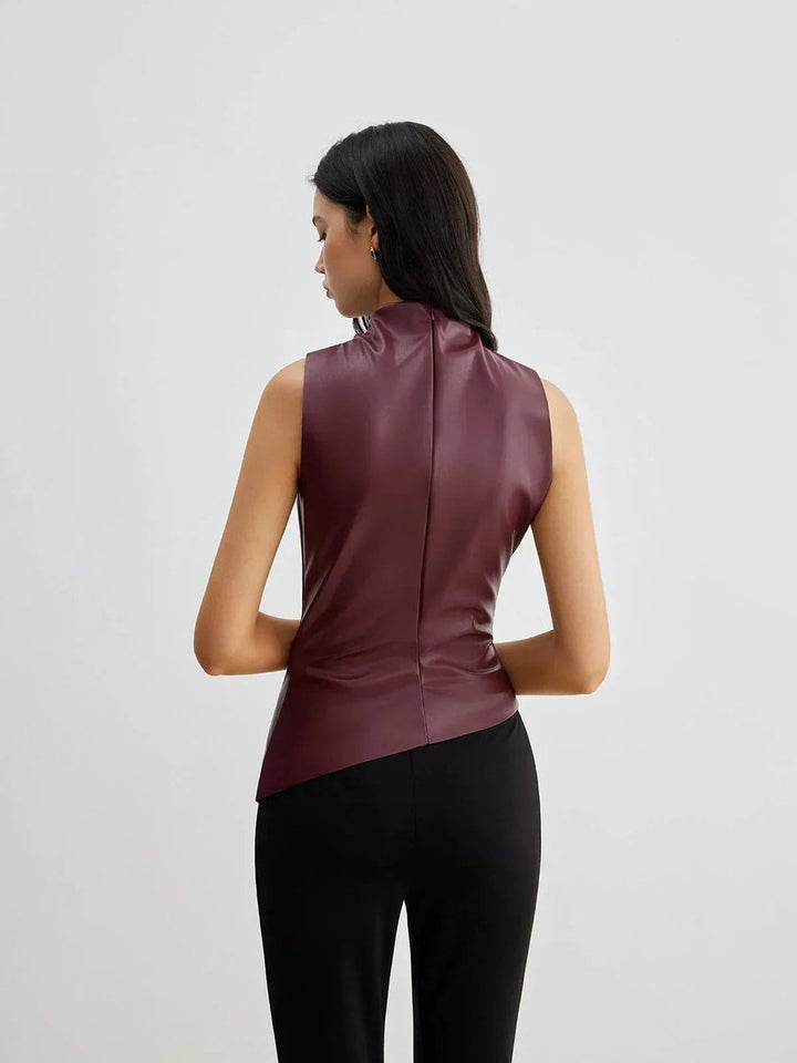 Women's Sleeveless Roll-Neck Gathered Satin Blouse Top