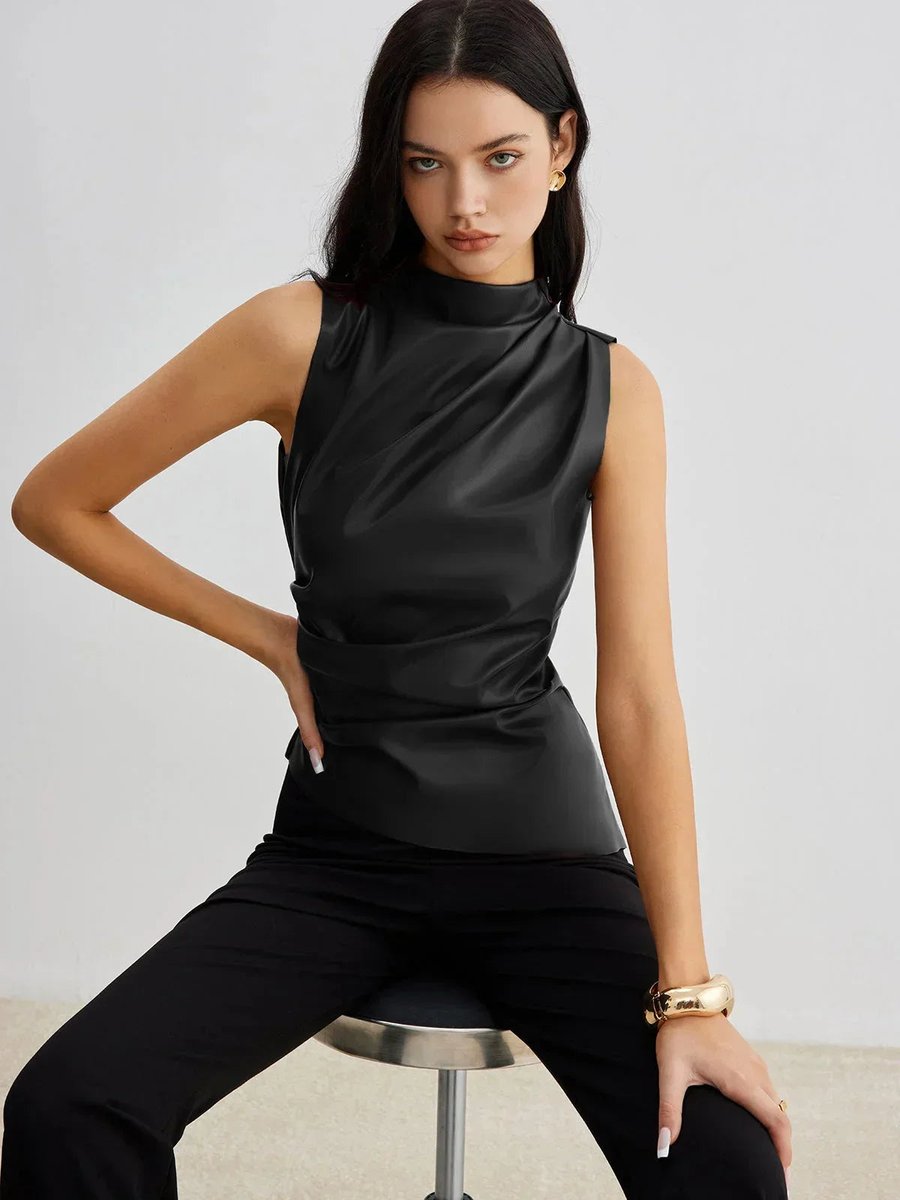 Women's Sleeveless Roll-Neck Gathered Satin Blouse Top