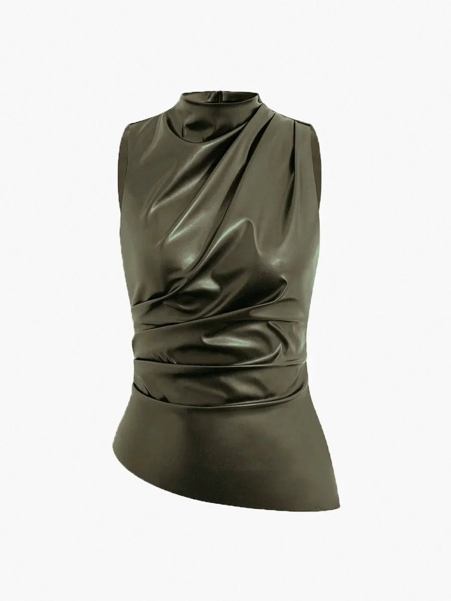 Women's Sleeveless Roll-Neck Gathered Satin Blouse Top