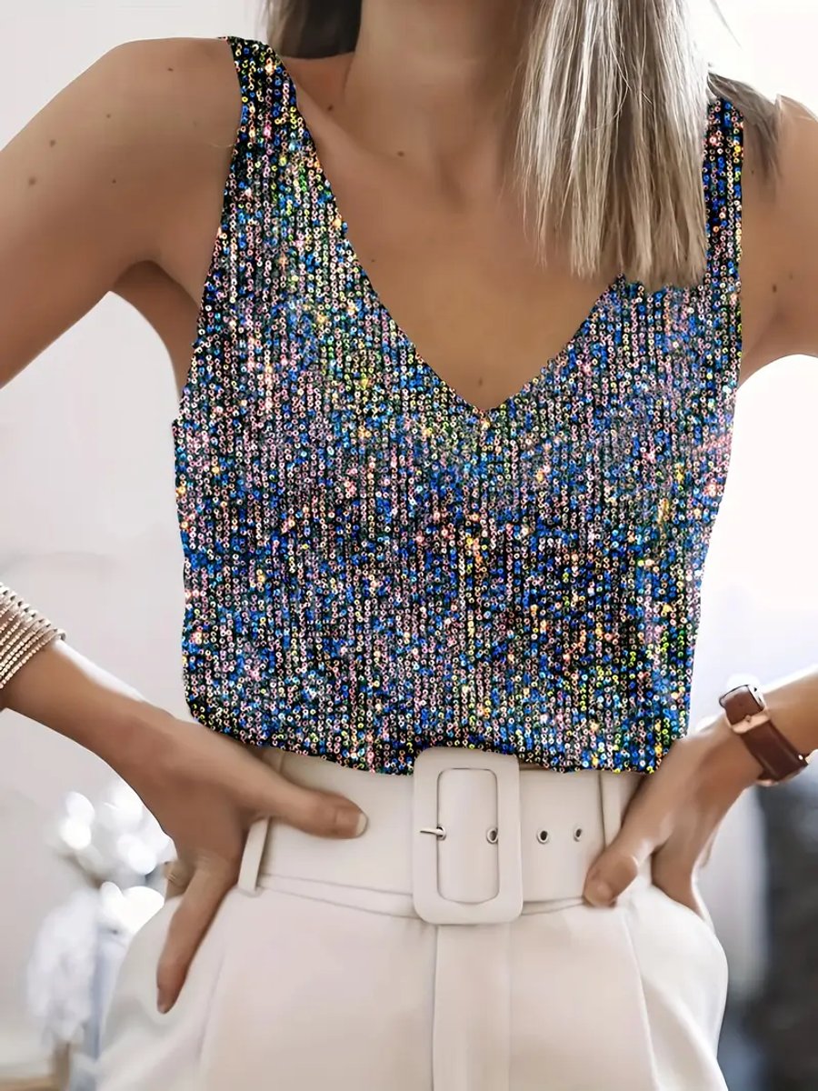Women's Sleeveless Sequin Party Top Sparkly V-Neck Blouse