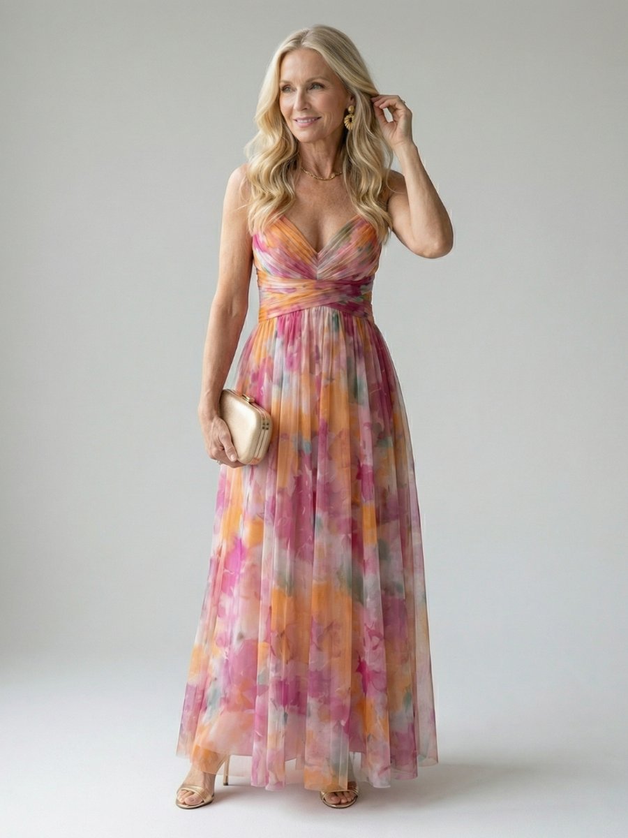 Women's Sleeveless Wrap Maxi Party Dress Flowy Watercolour Print