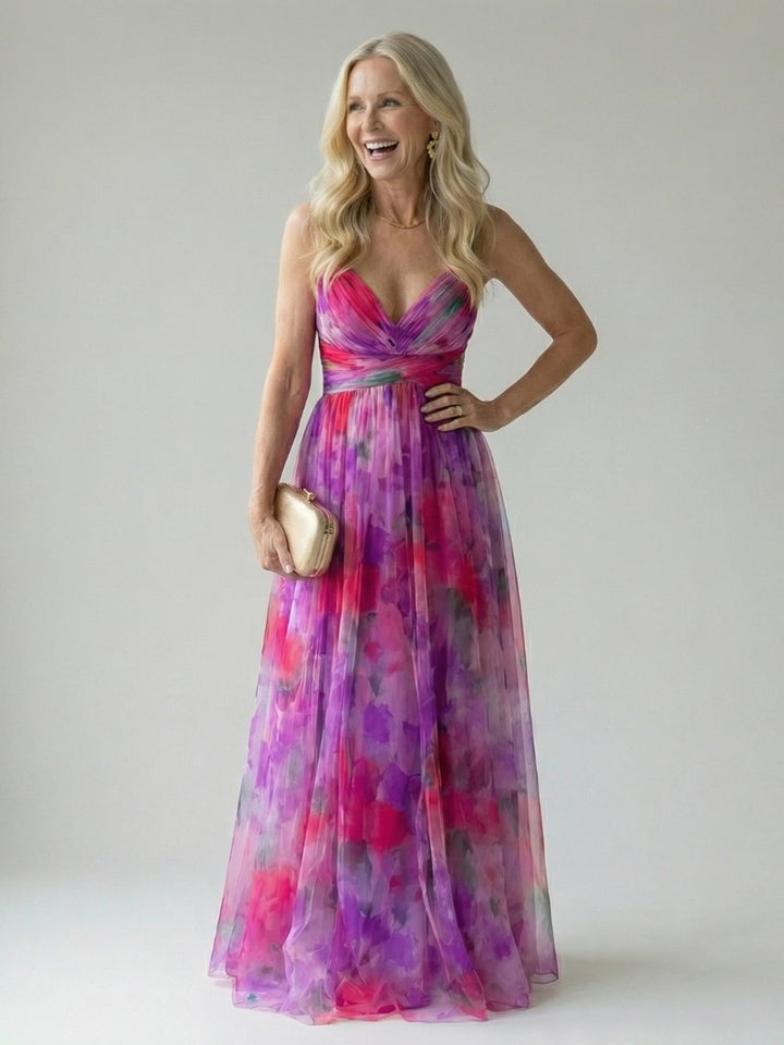 Women's Sleeveless Wrap Maxi Party Dress Flowy Watercolour Print