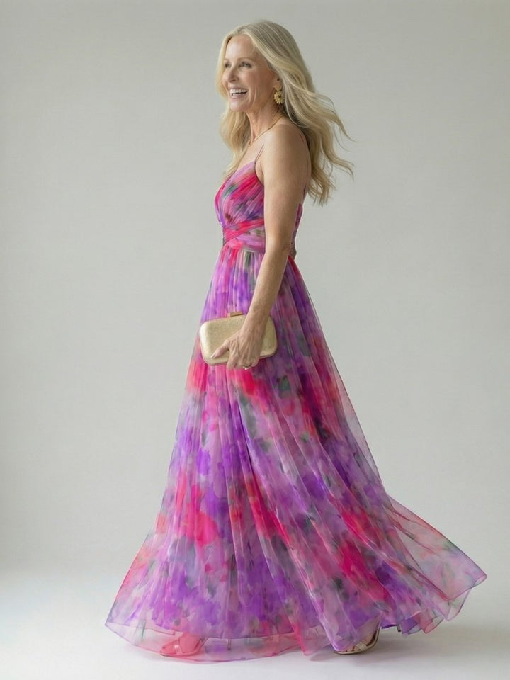 Women's Sleeveless Wrap Maxi Party Dress Flowy Watercolour Print