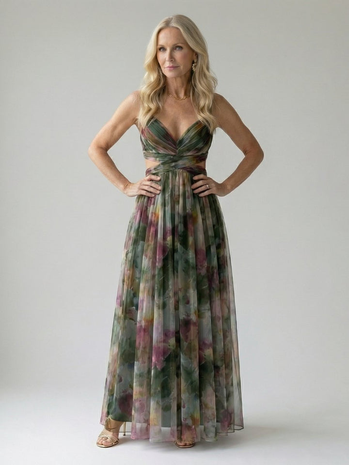 Women's Sleeveless Wrap Maxi Party Dress Flowy Watercolour Print