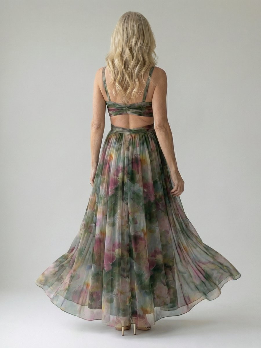 Women's Sleeveless Wrap Maxi Party Dress Flowy Watercolour Print