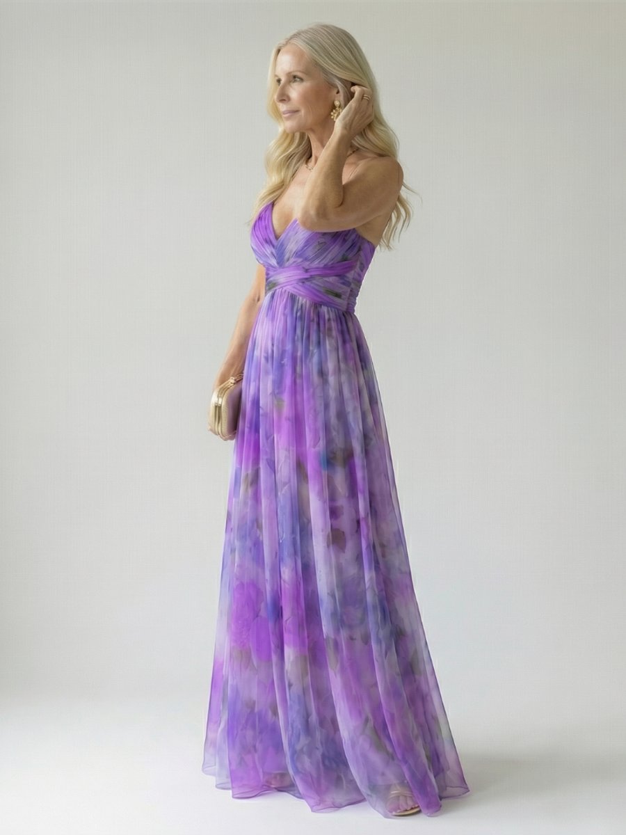 Women's Sleeveless Wrap Maxi Party Dress Flowy Watercolour Print