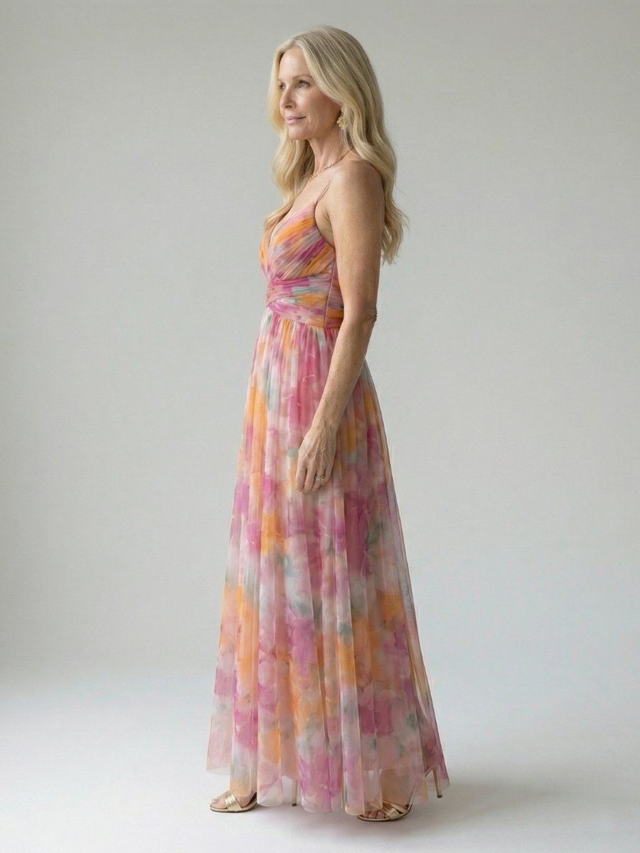 Women's Sleeveless Wrap Maxi Party Dress Flowy Watercolour Print