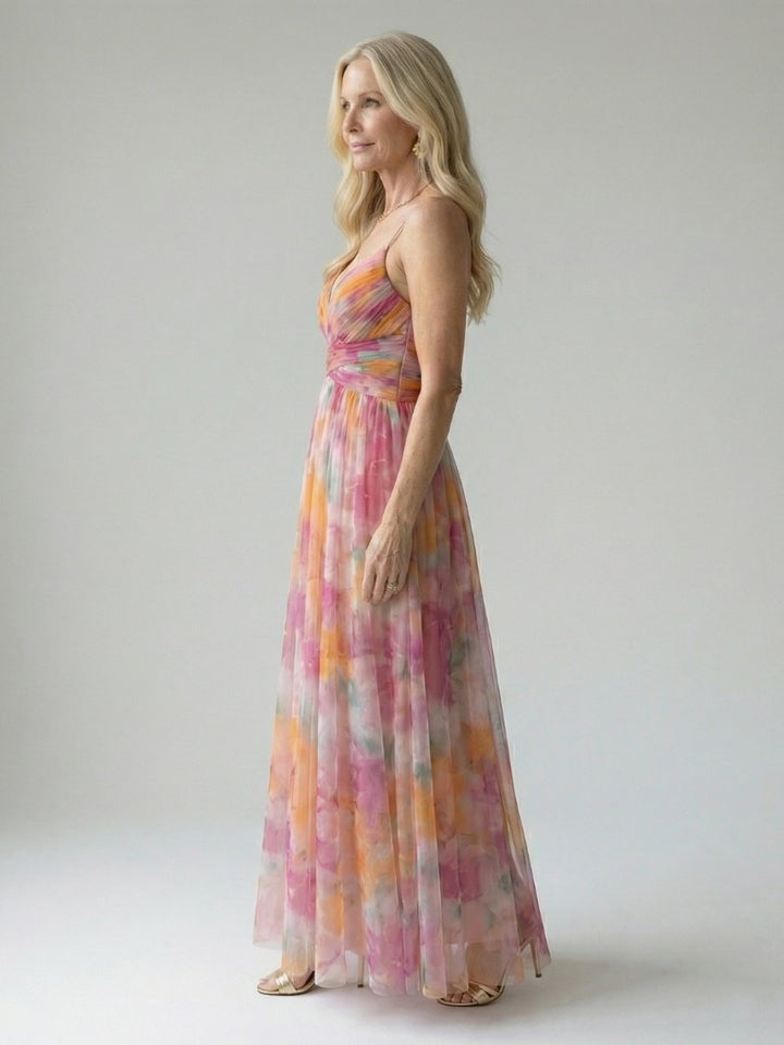 Women's Sleeveless Wrap Maxi Party Dress Flowy Watercolour Print