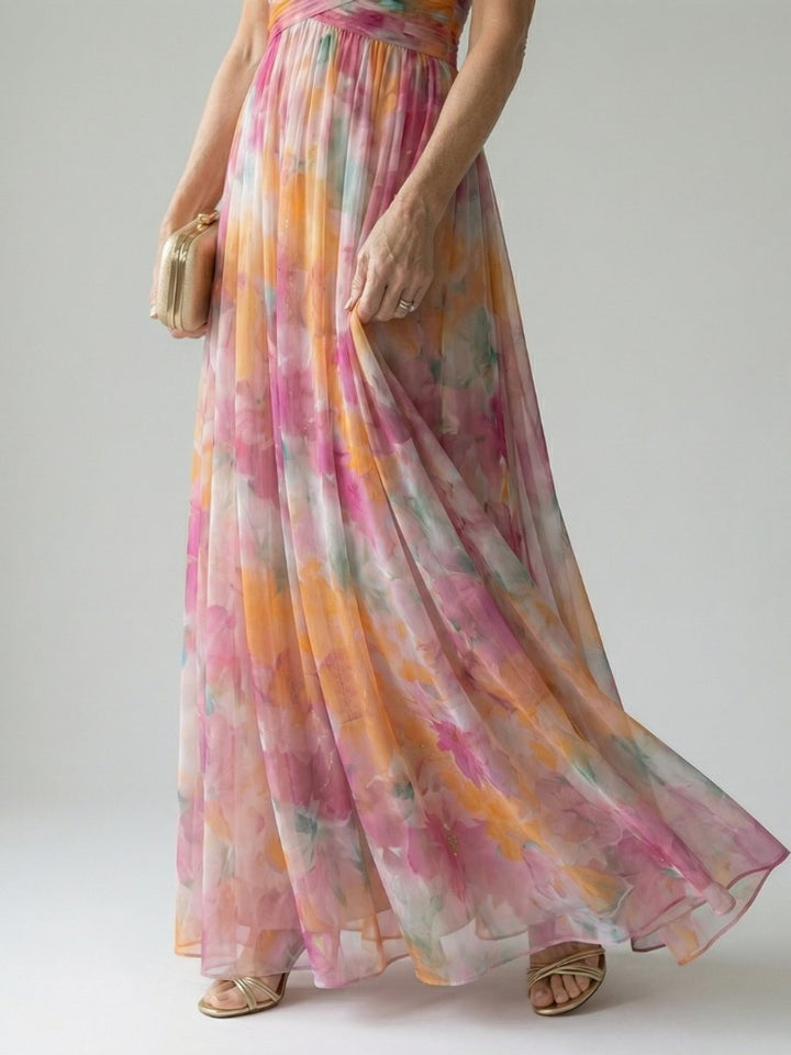 Women's Sleeveless Wrap Maxi Party Dress Flowy Watercolour Print