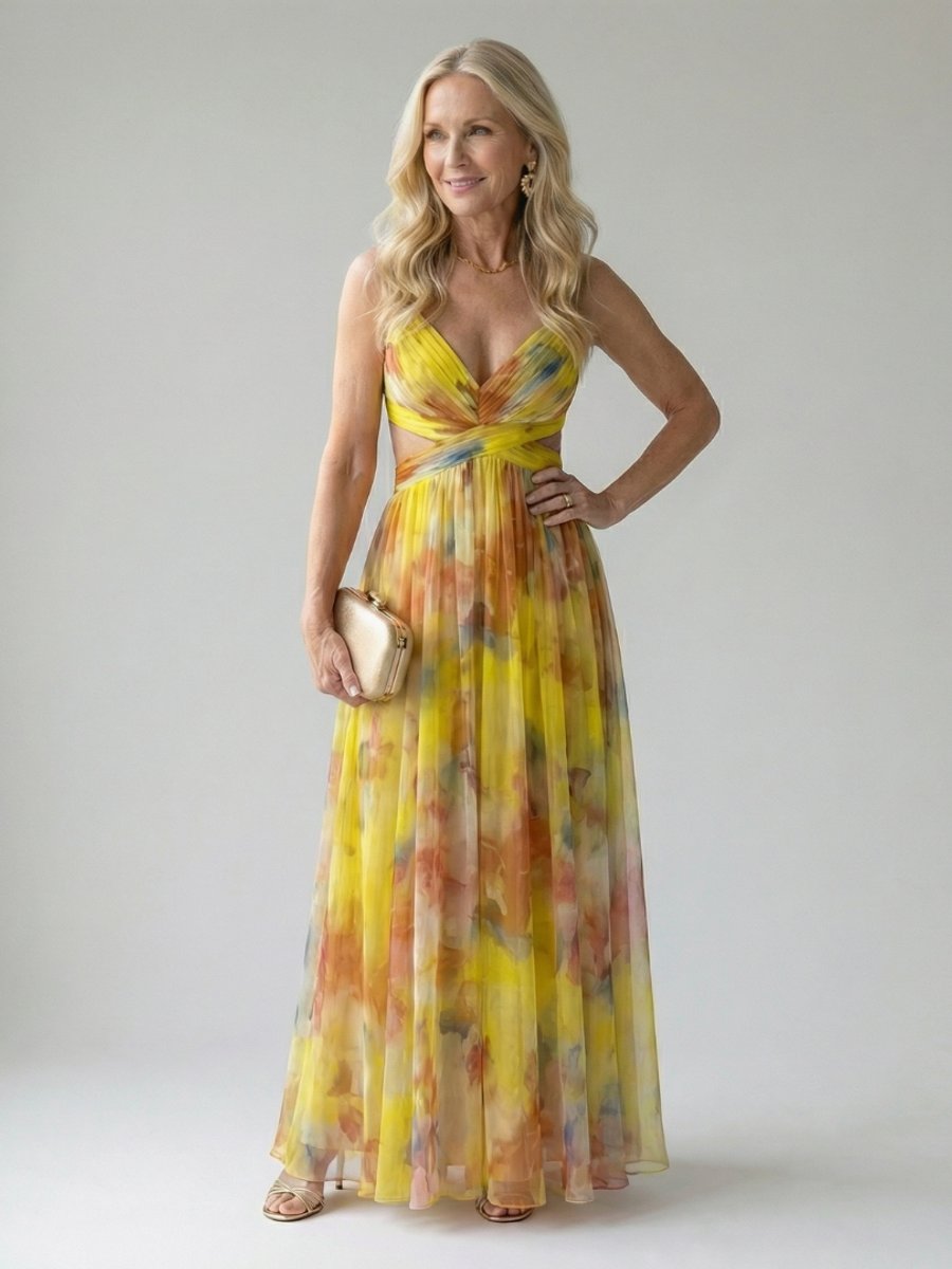 Women's Sleeveless Wrap Maxi Party Dress Flowy Watercolour Print