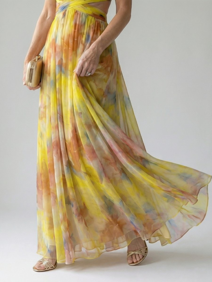 Women's Sleeveless Wrap Maxi Party Dress Flowy Watercolour Print