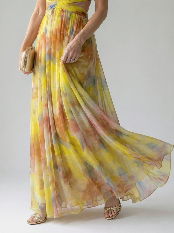 Women's Sleeveless Wrap Maxi Party Dress Flowy Watercolour Print