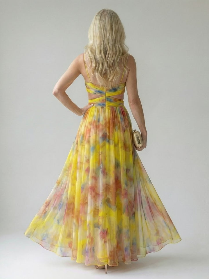 Women's Sleeveless Wrap Maxi Party Dress Flowy Watercolour Print