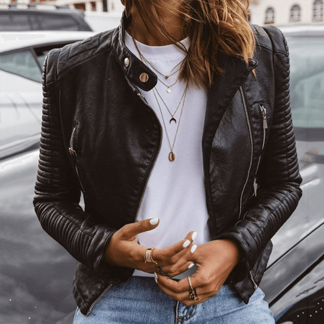 Women's Slim Fit Biker Coat Faux Leather Quilted Sleeve Jacket