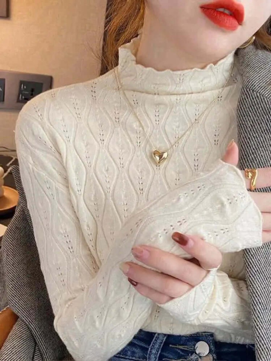 Women's Slim-Fit Roll-Neck Long-Sleeve Pointelle Knit Top