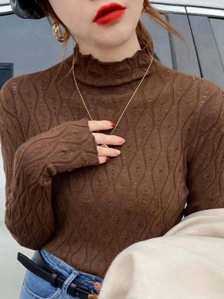 Women's Slim-Fit Roll-Neck Long-Sleeve Pointelle Knit Top