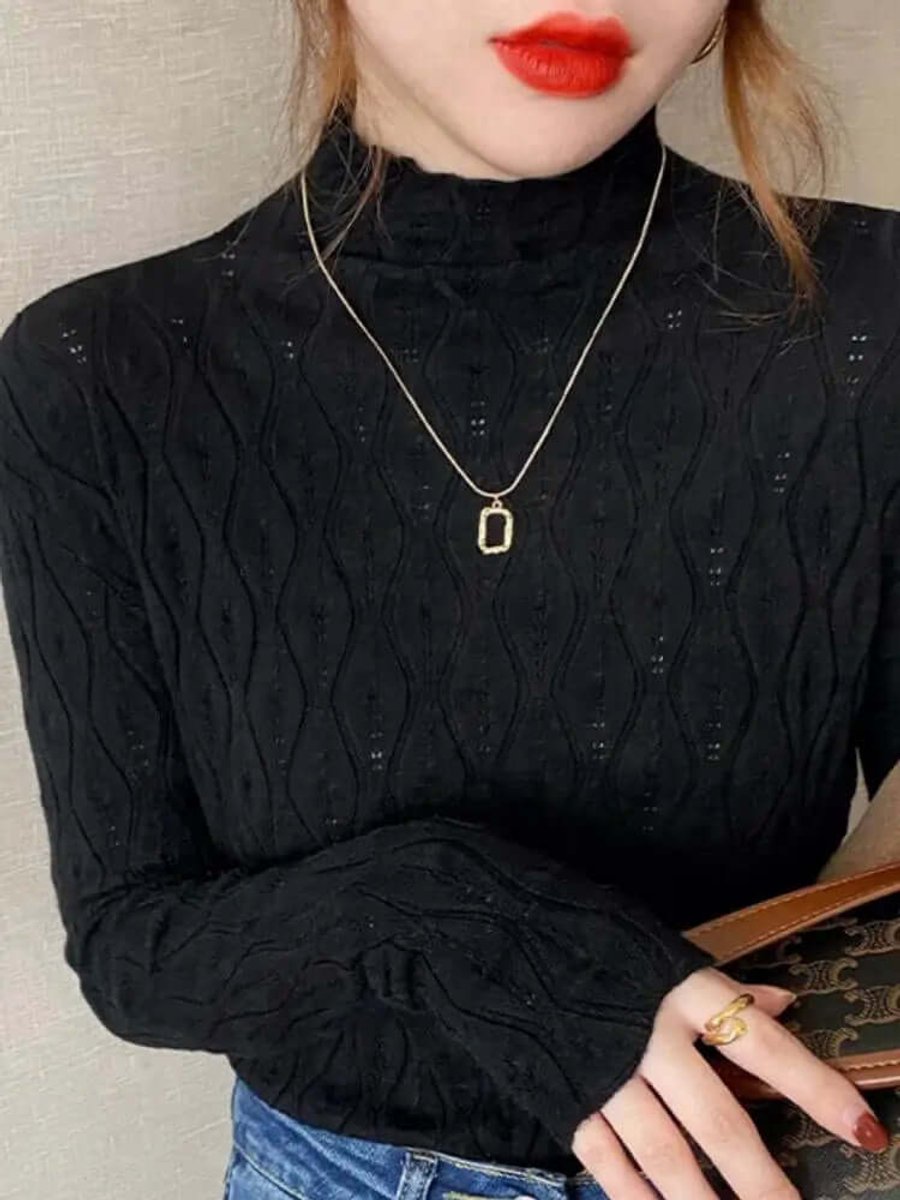 Women's Slim-Fit Roll-Neck Long-Sleeve Pointelle Knit Top