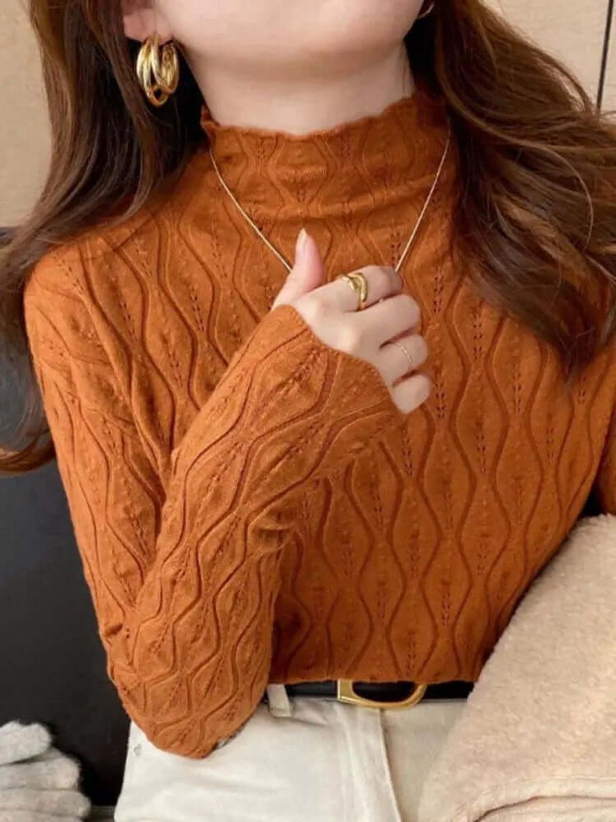 Women's Slim-Fit Roll-Neck Long-Sleeve Pointelle Knit Top
