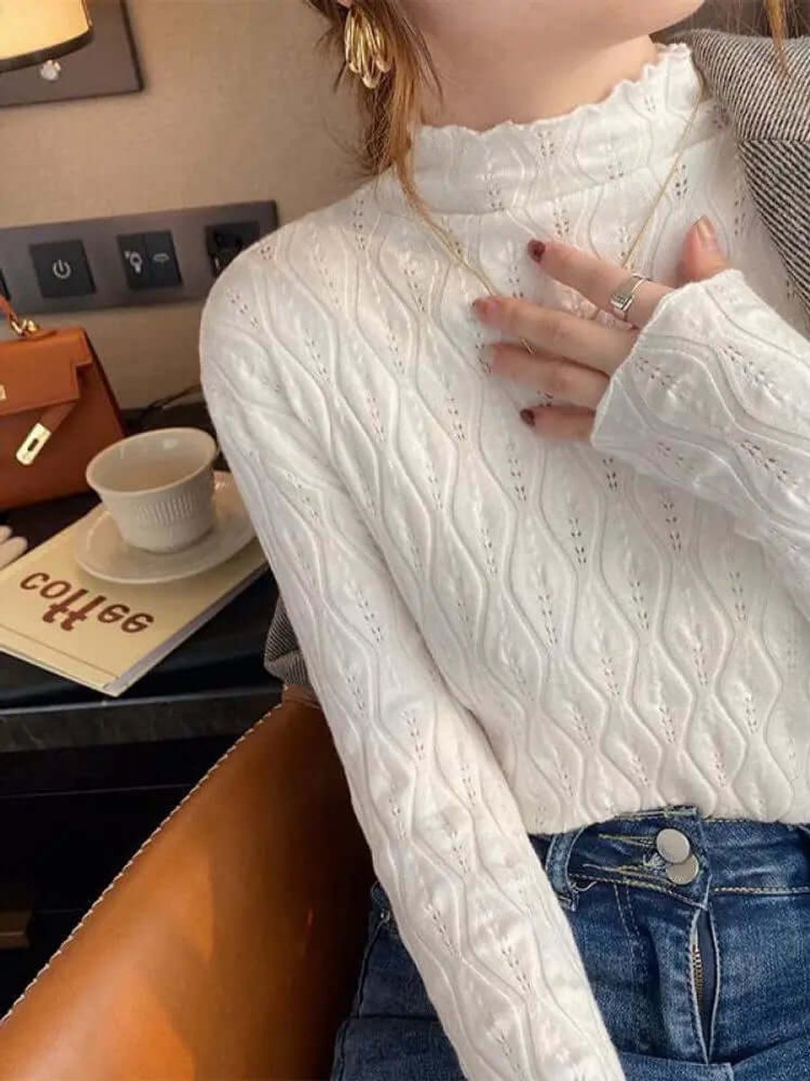 Women's Slim-Fit Roll-Neck Long-Sleeve Pointelle Knit Top