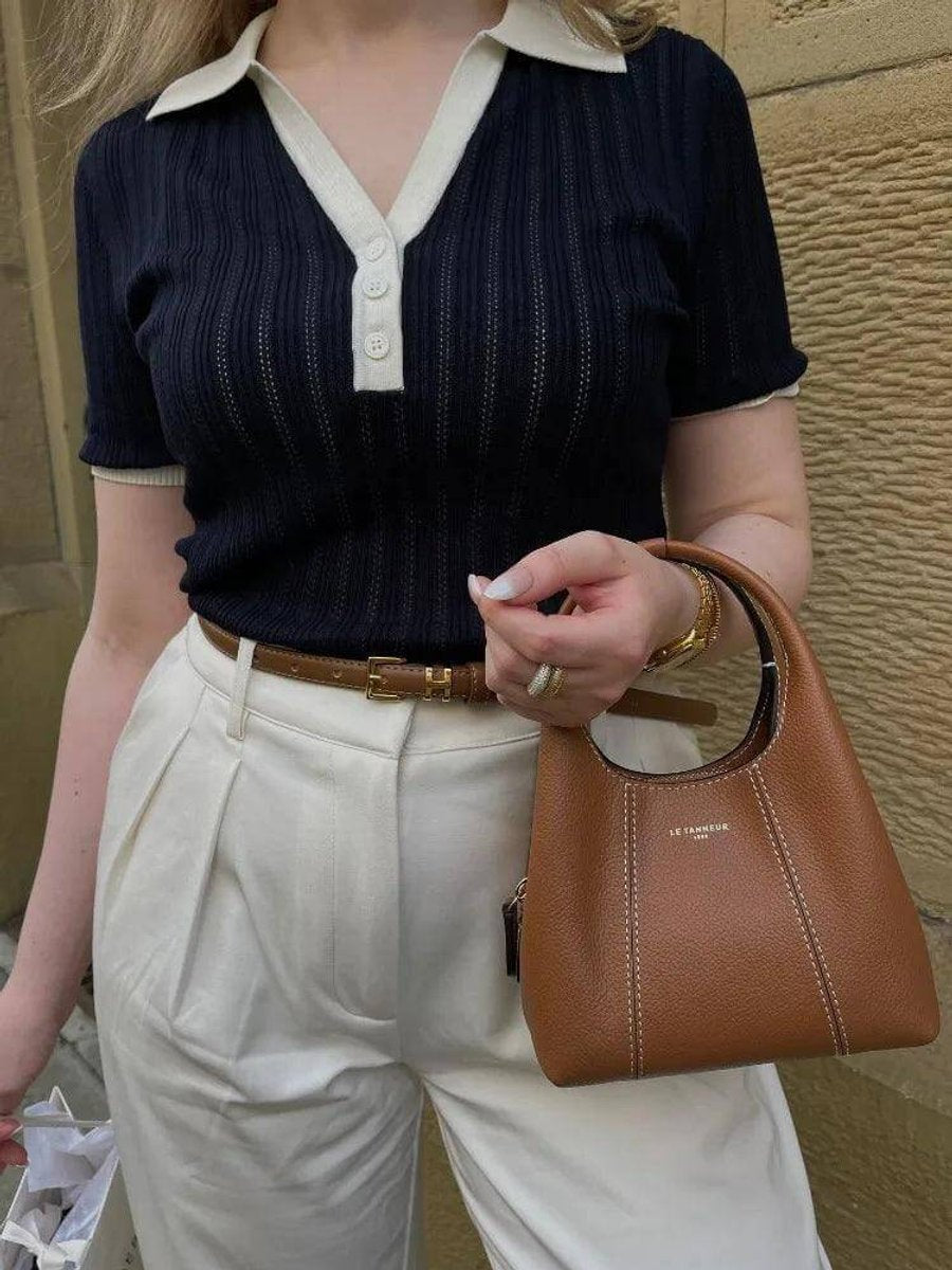 Women's Slim Fit Vintage Blouse Knitted Polo Collar Top