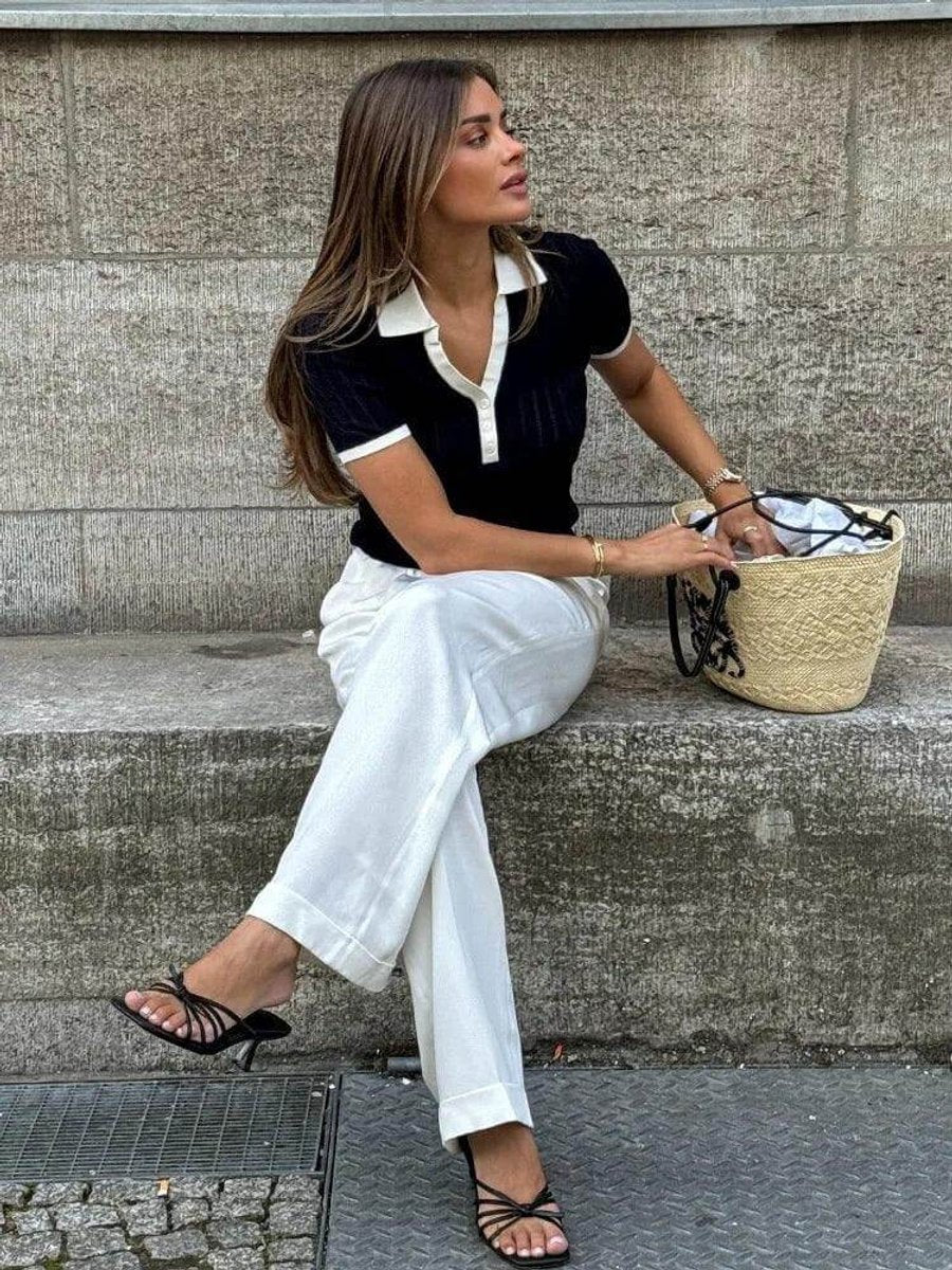Women's Slim Fit Vintage Blouse Knitted Polo Collar Top