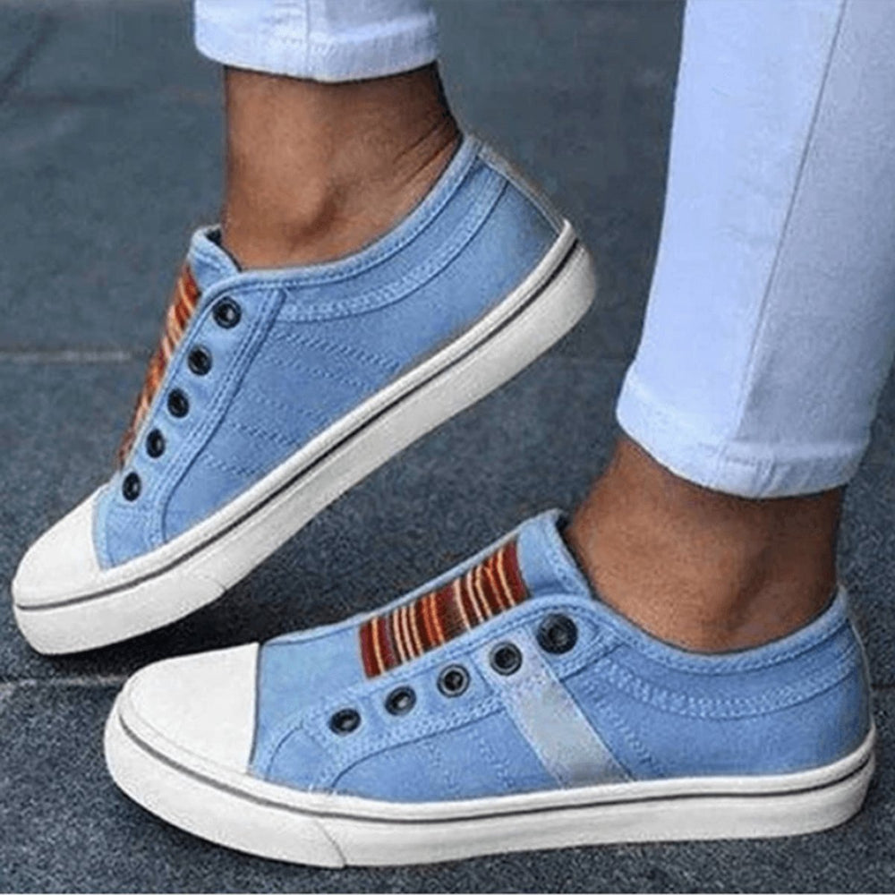 Women's Slip-On Canvas Plimsolls Elastic-Strap Flat Trainers