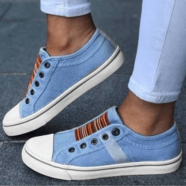 Women's Slip-On Canvas Plimsolls Elastic-Strap Flat Trainers