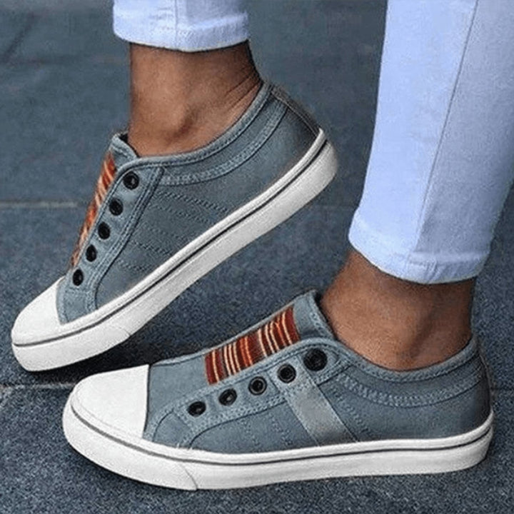 Women's Slip-On Canvas Plimsolls Elastic-Strap Flat Trainers