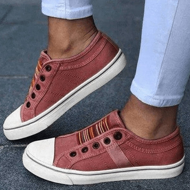 Women's Slip-On Canvas Plimsolls Elastic-Strap Flat Trainers