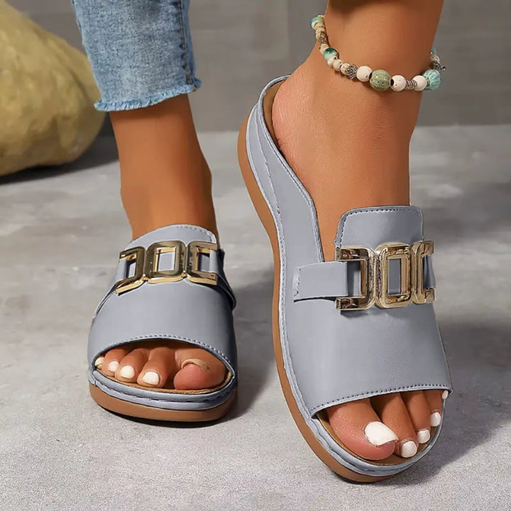 Women's Slip-On Wedge Heel Open-Toe Sandals Gold Buckle