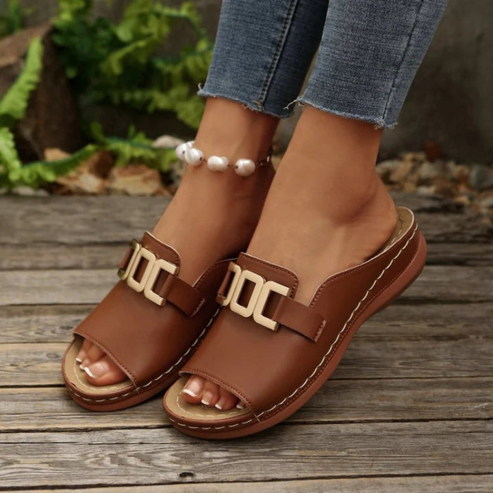 Women's Slip-On Wedge Heel Open-Toe Sandals Gold Buckle