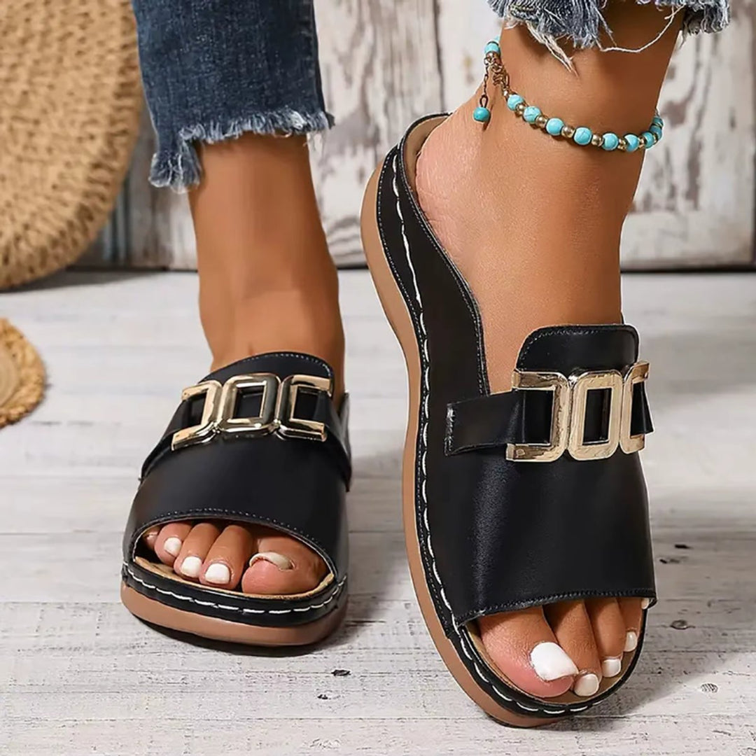 Women's Slip-On Wedge Heel Open-Toe Sandals Gold Buckle