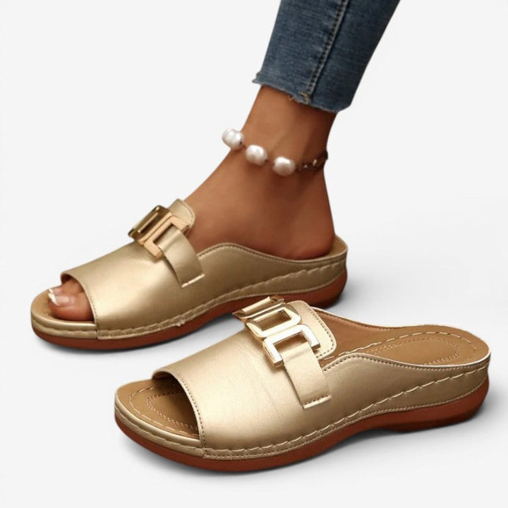 Women's Slip-On Wedge Heel Open-Toe Sandals Gold Buckle