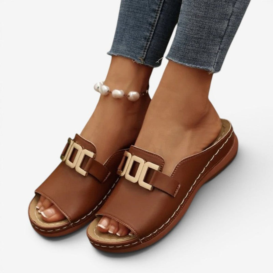 Women's Slip-On Wedge Heel Open-Toe Sandals Gold Buckle